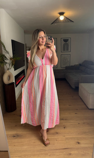 Musselin Kleid Azteken Weiß Kurzarm