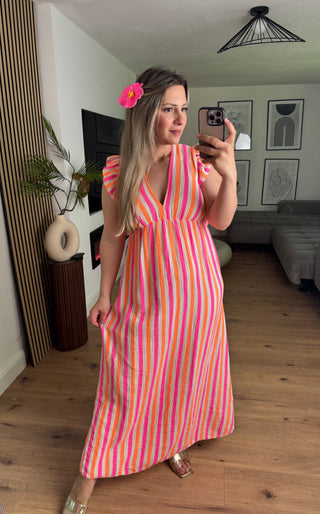 Musselin Kleid Gestreift Pink Kurzarm