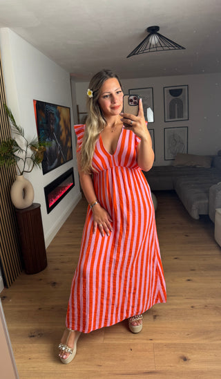 Musselin Kleid Blockstreifen Orange Kurzarm