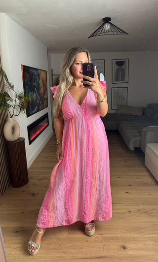 Musselin Kleid Azteken Pink Kurzarm