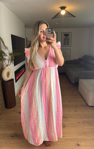 Musselin Kleid Azteken Weiß Kurzarm