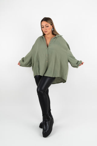 Musselin Bluse Emilia Oversize Khaki Kurz