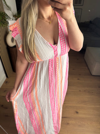 Musselin Kleid Azteken Weiß Kurzarm