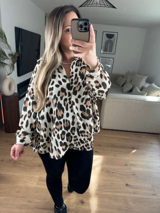 Musselin Bluse Kurz Leo Beige