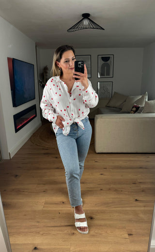Musselin Bluse Kurz Herz rot