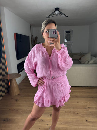 Musselin Jumpsuit mit Volant Rosa