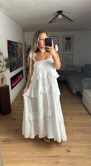 Musselin Maxikleid Volant Weiß