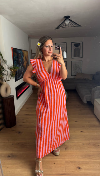 Musselin Kleid Blockstreifen Orange Kurzarm