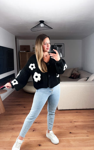 Jacke Flower Power Kurz Schwarz/Weiß