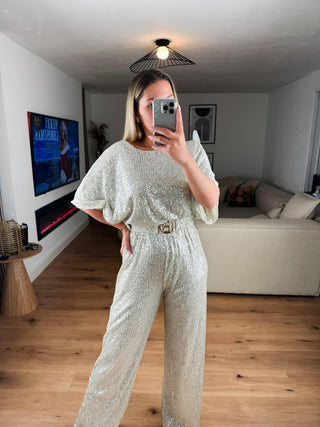 Jumpsuit Laona mit Pailletten und Gürtel Silber