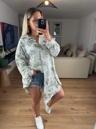 Musselin Bluse Blumen Oversize Grün lang