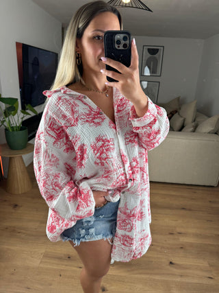 Musselin Bluse Blumen Oversize Rot lang