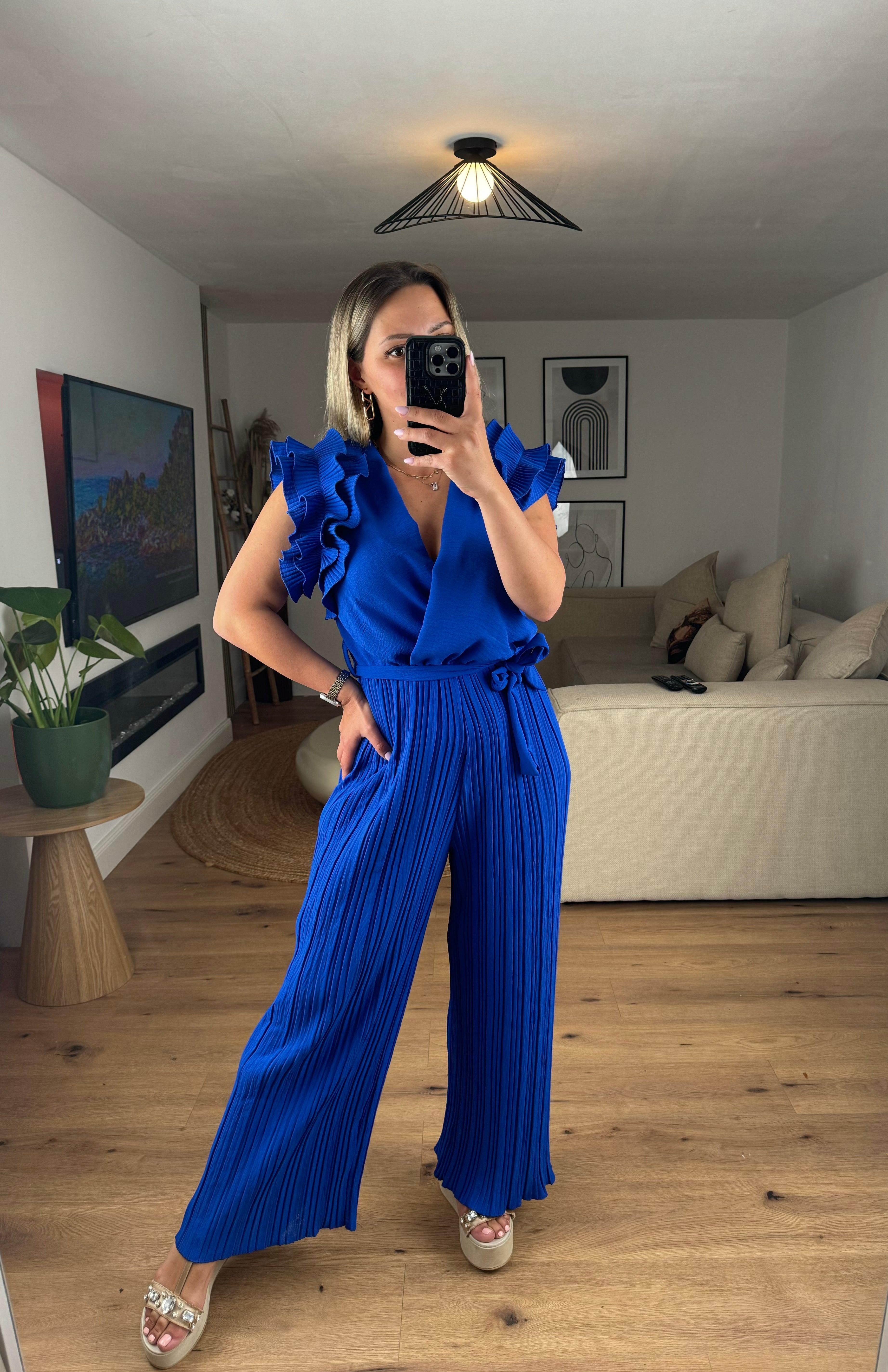 Jumpsuit Leona mit Volant Armeln Royalblau Femme Chic